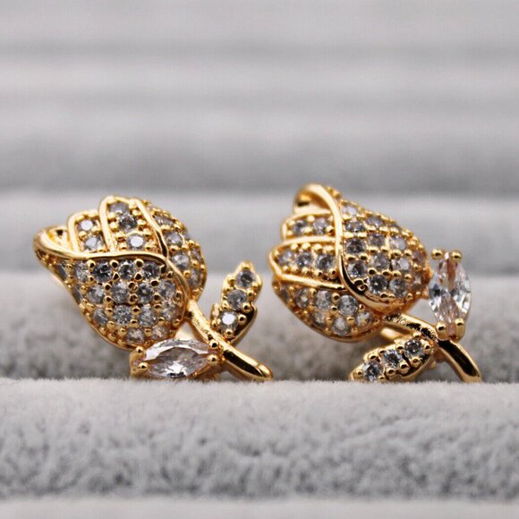 18K Yellow Gold Filled Carved Rose Flower Leaf Diamond Zircon Earrings Gorgeous - Picture 2 of 5